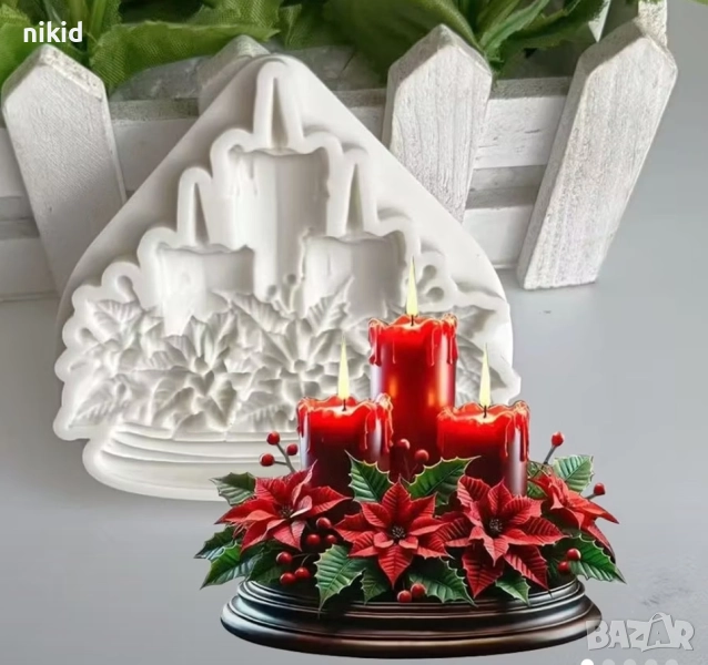 Коледни свещи и коледна звезда силиконов молд форма фондан шоколад гипс декор, снимка 1