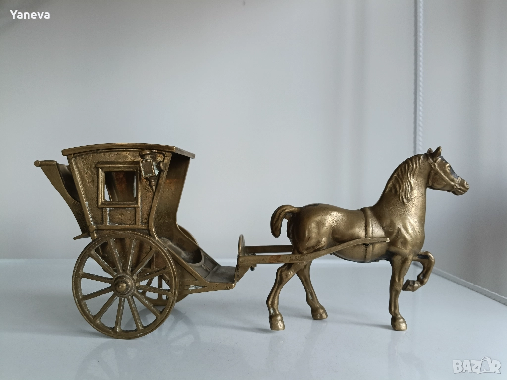 Vintage, бронзова статуетка на кон с файтон, колесница, снимка 1