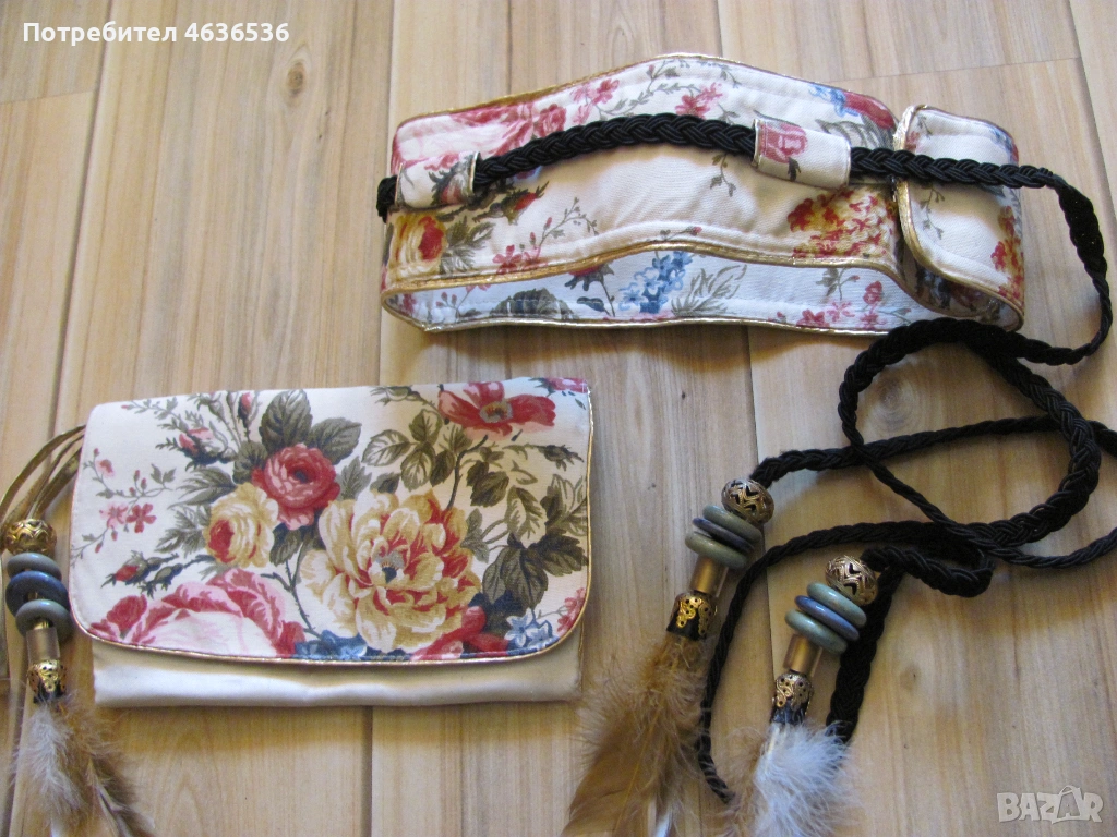 Дамска чанта и колан с мъниста и пера, снимка 1