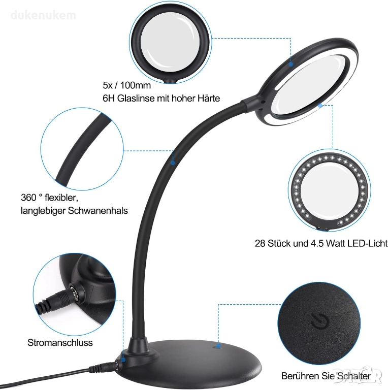 Настолна увеличителна лампа лупа 5X, 28 LED, с тъч управление, снимка 1