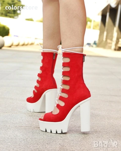 Летни боти на ток - червен велур - 101

, снимка 1