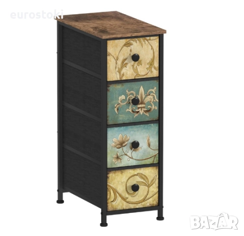 Скрин VEDECASA, тесен скрин с 4 чекмеджета от плат, метална рамка, дървен плот, винтидж дизайн