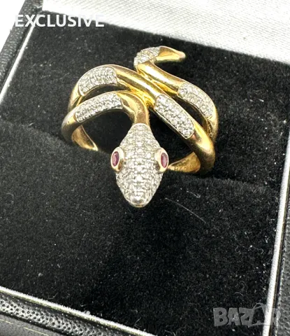 Пръстен змия в сребро и злато с диаманти и очи с рубини! Договаряне!, снимка 2 - Пръстени - 50144778