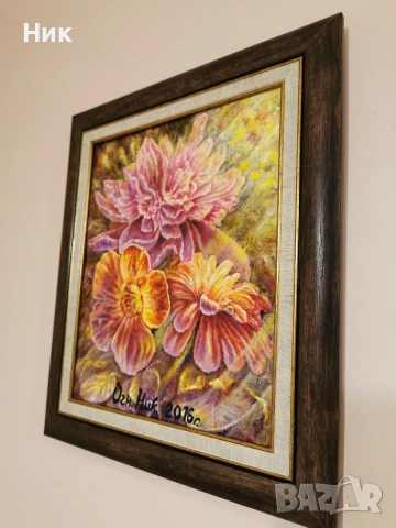 Картина върху платно с маслени бои " Божур " цветя, латинка, хризантема, слънчеви лъчи, живопис , снимка 3 - Картини - 49067456