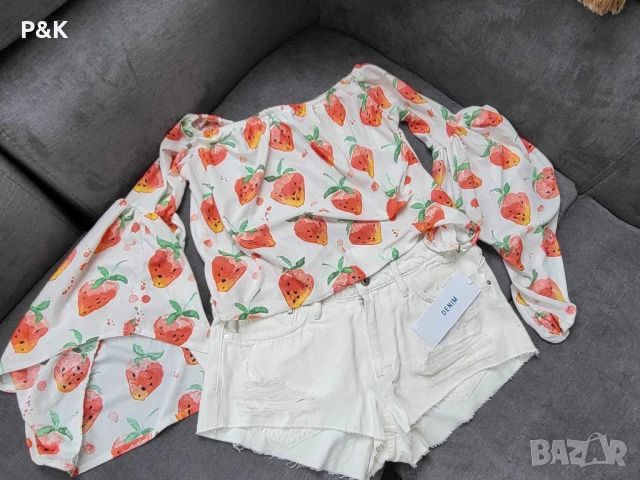 Лот - бели къси панталонки и блуза с ягоди, снимка 1 - Други - 46447761
