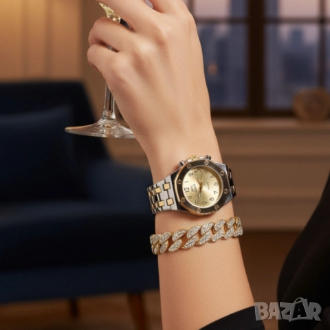 Модерен унисекс часовник със златист циферблат и блестяща гривна, снимка 5 - Бижутерийни комплекти - 51947512