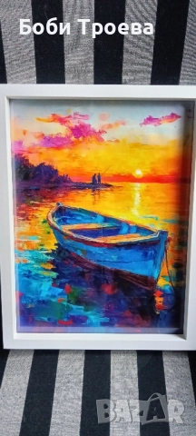 Средиземноморски крайбрежен пейзаж с лодка,синьо море,залез, снимка 5 - Картини - 51974449