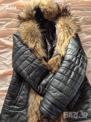 Кожено яке естествена кожа и яка лисица, снимка 3 - Якета - 53690121