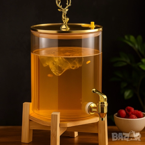 Голям диспенсър за напитки 8L с дървена стойка и златист кран, снимка 7 - Други стоки за дома - 51852339