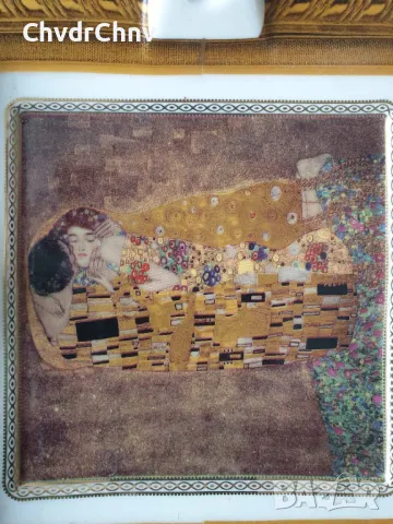 Голям английски порцеланов пепелник Lancaster/Gustav Klimt картина The Kiss 20x20см, снимка 2 - Други - 48733104