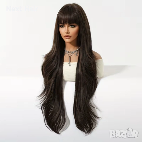 80 см Тъмно кафява чуплива перука на пластове с бретон