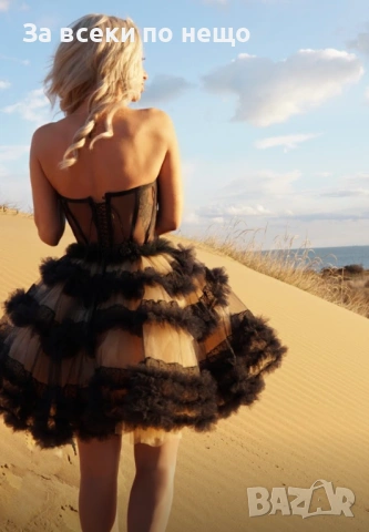 Дамска Ефирна Къса Черна Тюлена Рокля С Дантела И Обемна Пола Код Roni36, снимка 2 - Рокли - 54012948