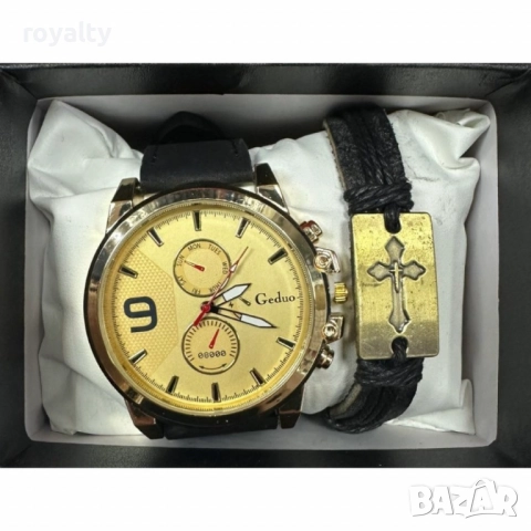 Мъжки комплект Geduo – елегантен часовник със златист циферблат и кожена гривна в подаръчна кутия
