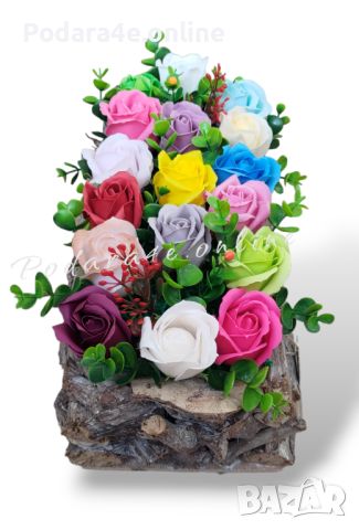 Букет от 17 броя ароматни сапунени рози в дървена кашпа , снимка 3 - Романтични подаръци - 45162987