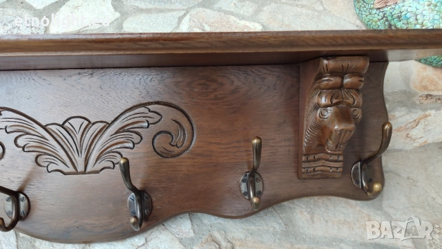 Уникална масивна дъбова закачалка с рафт отгоре и дърворезба лъвски глави,6 бр окачвачи, снимка 5 - Закачалки - 52385137