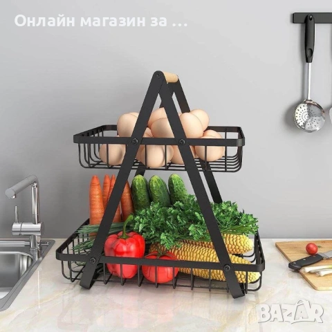 Декоративна кошница за плодове, изработена от метал, на два етажа и дървена дръжка, черна, Ruhhy, снимка 6 - Прибори за хранене, готвене и сервиране - 53230142