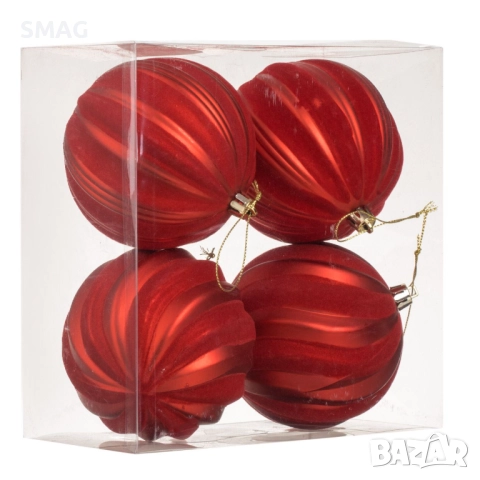 Комплект коледни топки за елха – червени матови с кадифени райета Ø10 см – 4 броя_1241005, снимка 2 - Други - 52353796