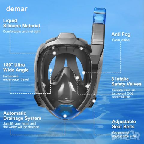 Supertrip Full Face Маска за гмуркане с шнорхел, усъвършенствана дихателна система, сиво-синьо, снимка 5 - Водни спортове - 46459702