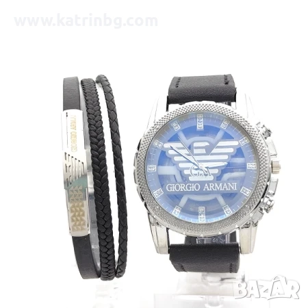 Подаръчен комплект за мъж – Armani часовник и гривна от естествена кожа, снимка 2 - Подаръци за мъже - 52415202