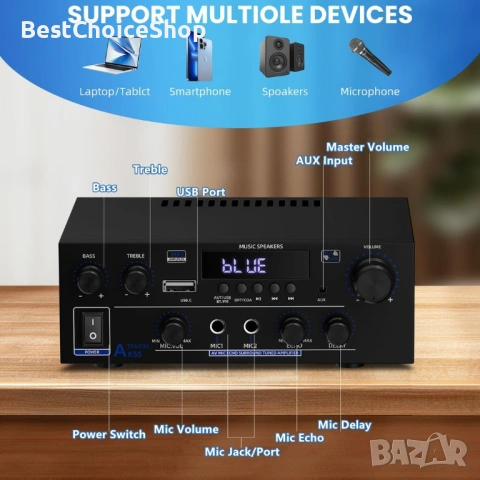 AK55 HiFi стерео мини усилвател 50W + 50W Bluetooth 5.3 – Черен, снимка 8 - Ресийвъри, усилватели, смесителни пултове - 53101515