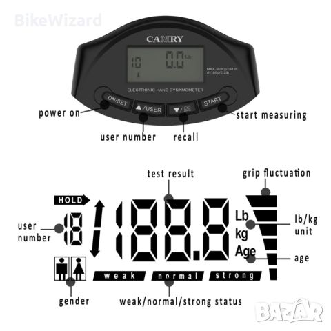 Camry Дигитален ръчен динамометър Измервател на силата на захващане  до 90 кг. НОВ, снимка 4 - Други спортове - 46304952