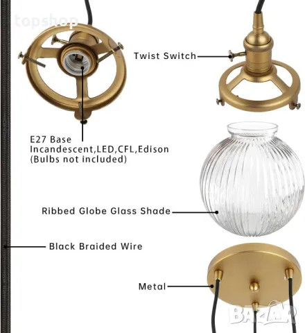 JIMUBEAM Индустриална 3-посочна таванна лампа, абажур-оребрено стъкло, снимка 6 - Лампи за таван - 50302933