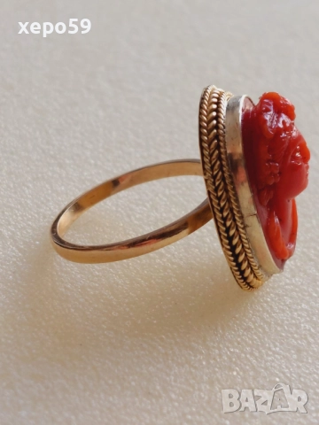 Дамски златен пръстен 14к с инкрустирана коралова камея, снимка 7 - Пръстени - 52624282