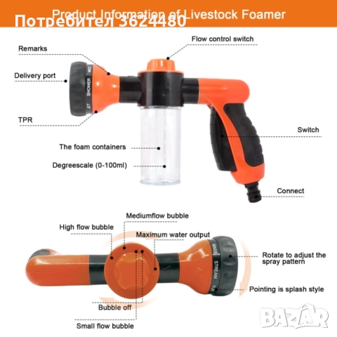 Пистолет за маркуч с резервоар за пяна – 8 струи 4524, снимка 7 - Напояване - 52644359