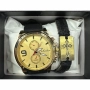 Мъжки комплект Geduo – елегантен часовник със златист циферблат и кожена гривна в подаръчна кутия, снимка 1