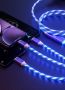 Универсален, светещ, троен кабел с накрайници за iPhone / TYPE C / microUSB , снимка 1 - USB кабели - 45916081