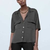 Дамска риза с къс ръкав джобове Zara, 100% вискоза, Тъмносива, XL, снимка 1 - Ризи - 45527549