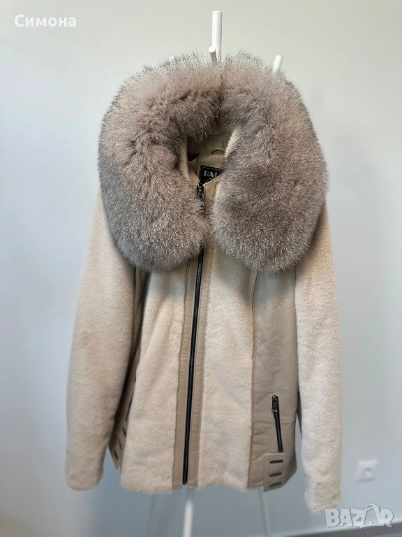 Естествена кожа и естествен косъм лисица палто яке с качулка бежово, снимка 1