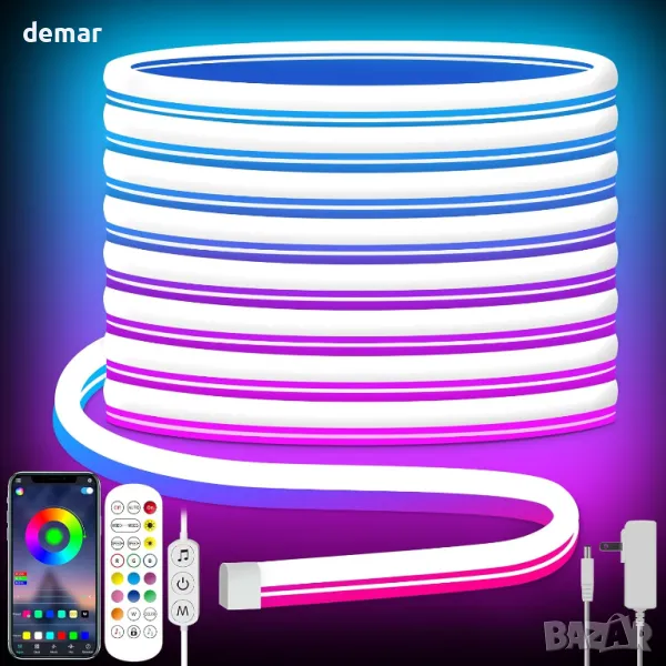 Tyute LED неонова лента, 5m RGB, дистанционно, APP, водоустойчива гъвкава 24V, снимка 1