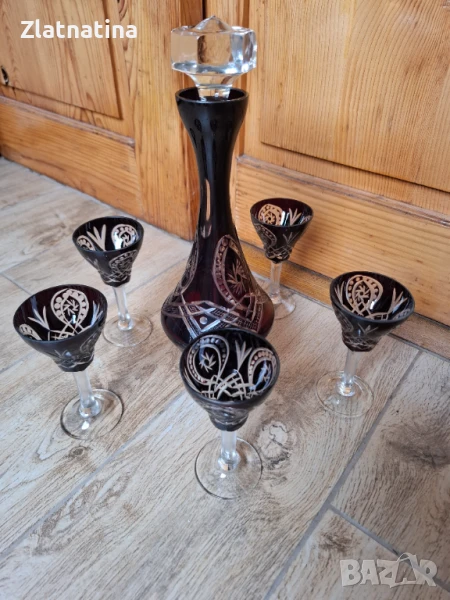 Червен кристал - 5 чаши и Гарафа, снимка 1