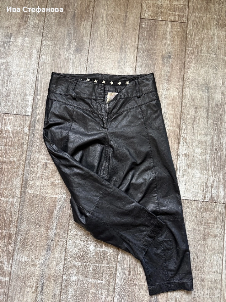Черен с етикета модерен  кожен висока талия естествена кожа панталон тип потур потури . , снимка 1