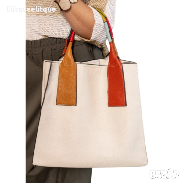 Елегантен комплект от дамска чанта с цветни дръжки и допълнителна малка чанта-несесер, снимка 1