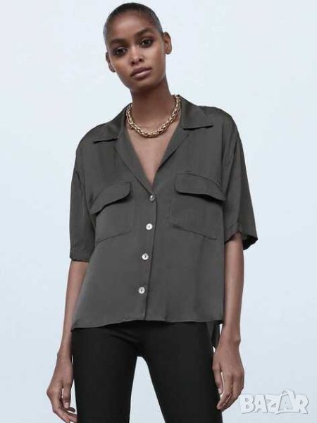 Дамска риза с къс ръкав джобове Zara, 100% вискоза, Тъмносива, XL, снимка 1