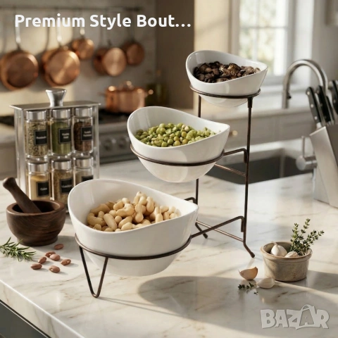 Комплект 3 керамични купи за ядки на три нива с метална стойка, снимка 4 - Други - 53916069