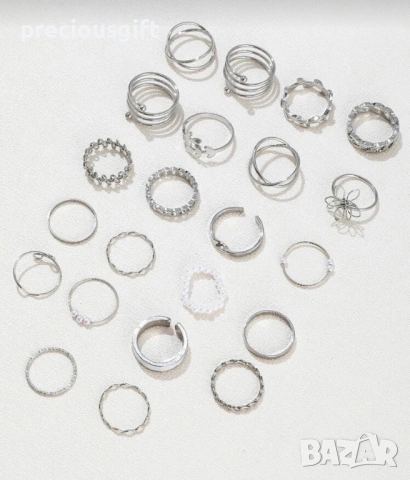Комплект бижута - 22 броя пръстени, налични в цвят сребро или злато, снимка 4 - Пръстени - 53071118