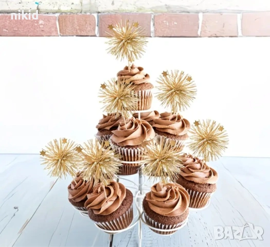 Златисти Фойерверки помпони топери топер декор украса клечки за торта парти хапки украса, снимка 4 - Други - 54176266