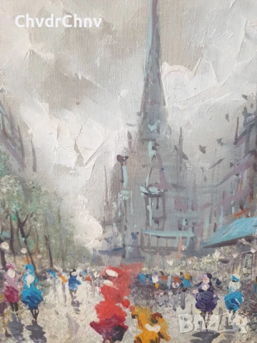 75х65см/стара картина масло върху платно/градски пейзаж/Париж-кафенета/дървена рамка, снимка 7 - Картини - 51177082