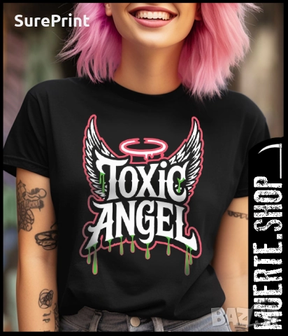 Дамска черна тениска TOXIC ANGEL с модерен streetwear дизайн.