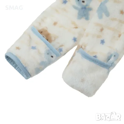 Бебешко поларено боди ромпър Екрю Синьо с дизайн на плюшено мече с качулка S_1231463, снимка 3 - Бебешки гащеризони - 49897179