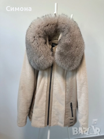 Естествена кожа и естествен косъм лисица палто яке с качулка бежово