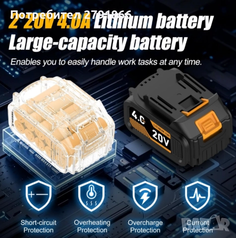 Безчетков ударен гайковерт 750N.m (553 Ft-lbs) 20V с 2x4.0AH батерия и бързо зарядно устройство, снимка 3 - Винтоверти - 52932154