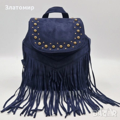 Велурена дамска раница с ресни и метални нитове – бохо стил и практичност, снимка 6 - Раници - 53204032
