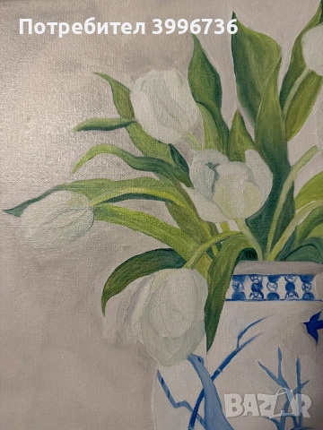 Маслена картина - Бели лалета 40х40см, снимка 2 - Картини - 54113975