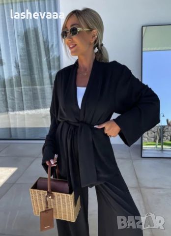 Дамски комплект кимоно и панталон в черно, снимка 2 - Костюми - 46753883