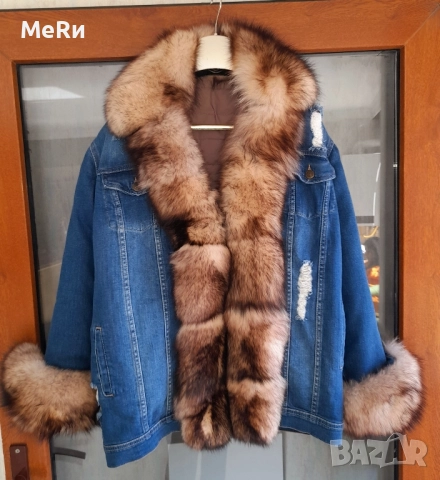 Дънкова парка с естествен косъм , снимка 2 - Якета - 52117227