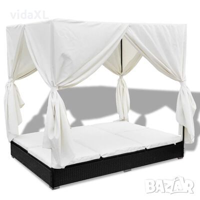vidaXL Градинско лаундж легло със завеси, полиратан, черно(SKU:42948
